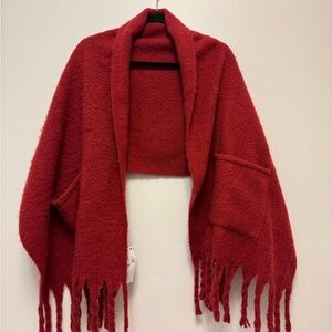 True Craft Vibrant Red Shawl w/ Fringe and ✨POCKETS✨ NWT